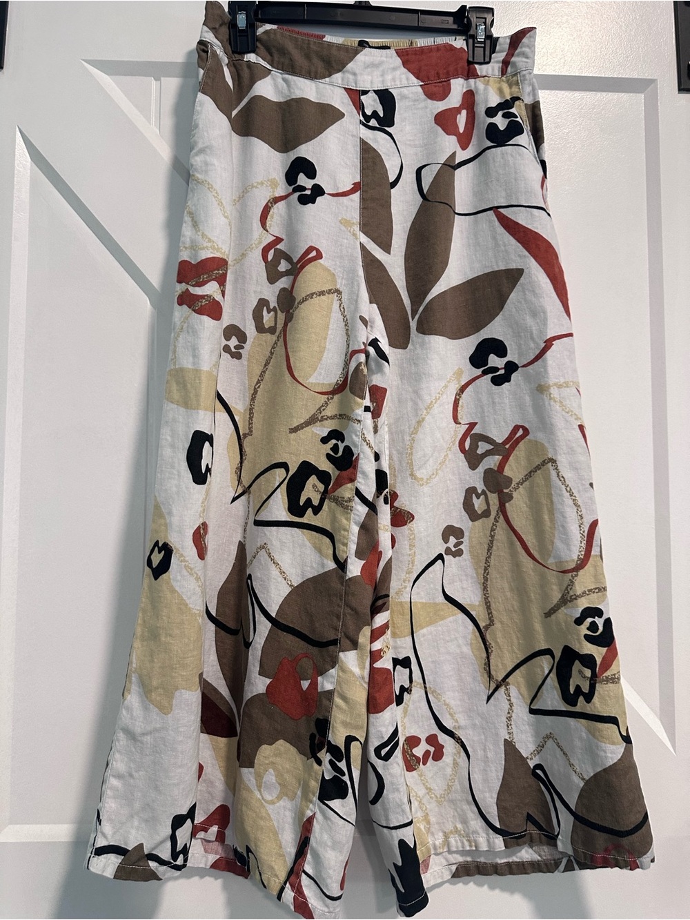 Tahari White Wide-Leg Linen-Blend Pants with Abstract Floral Print size L - Picture 2 of 7